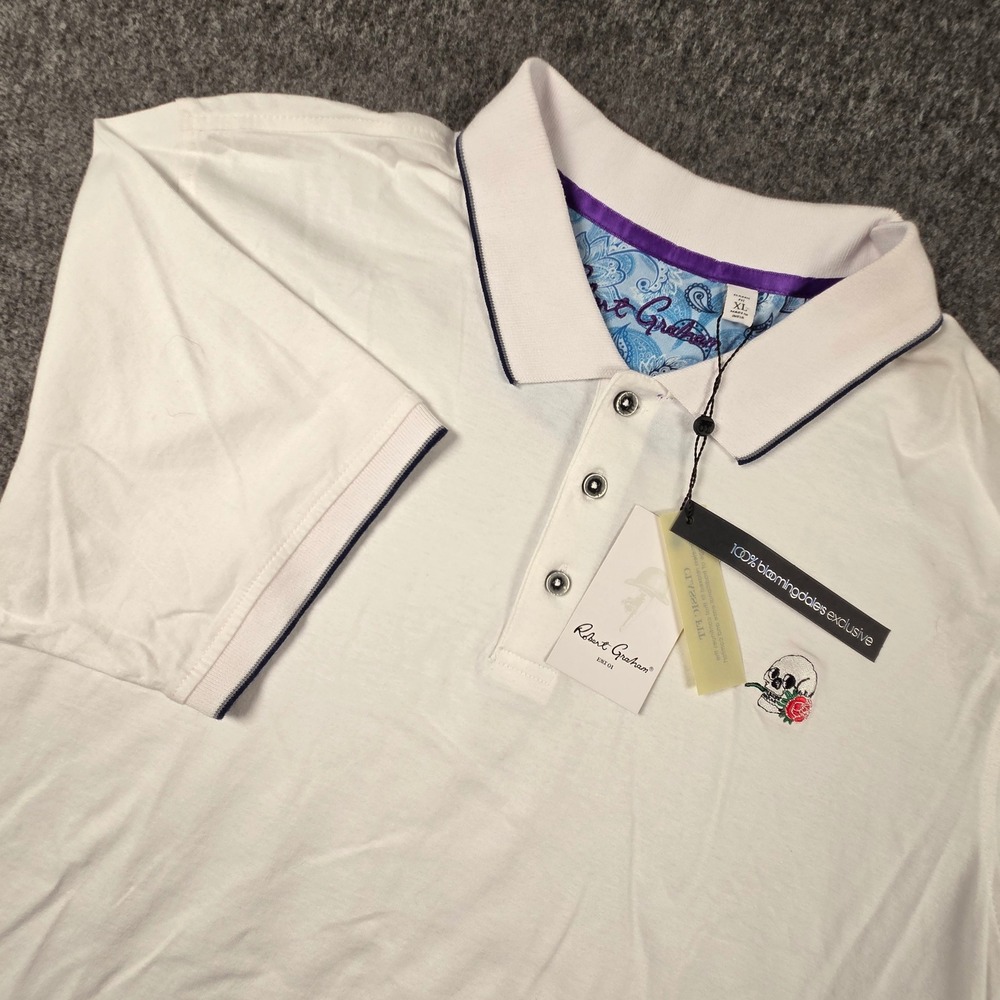 Robert Graham Rossi Polo Shirt Mens XL White Skull Rose Bloomingdales NEW